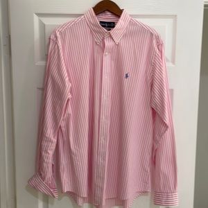 Polo by Ralph Lauren pink and white stripe Navy blue pony custom fit XL